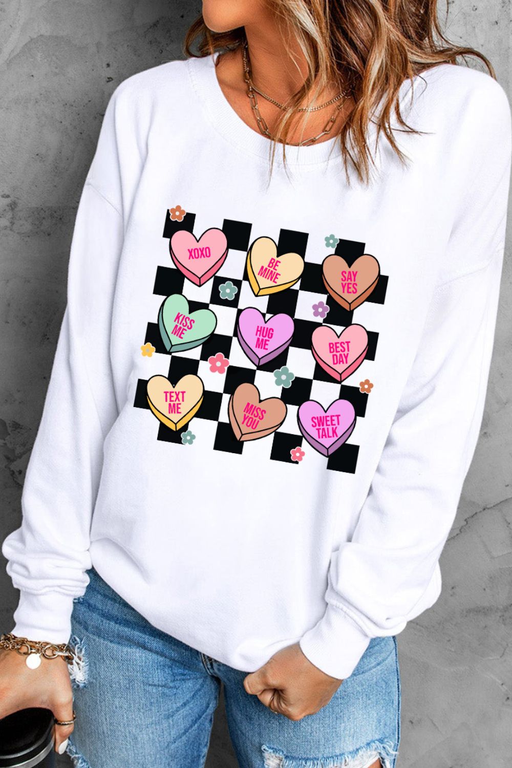 Valentine's Day Checkered Heart Long Sleeve Sweatshirt - Charming Charlie