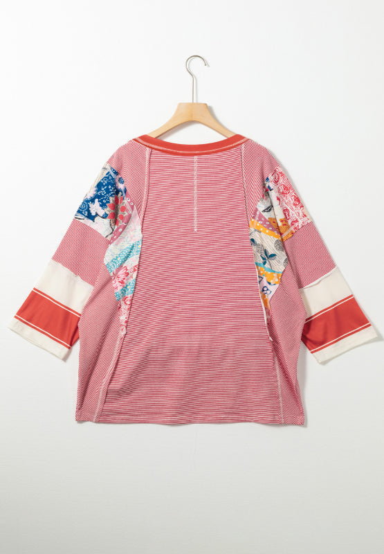 Striped Floral Patchwork Round Neck Top - Charming Charlie
