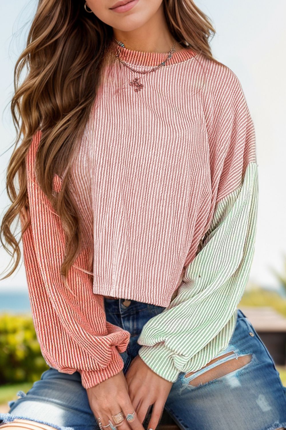 Color Block Round Neck Long Sleeve Top - Charming Charlie