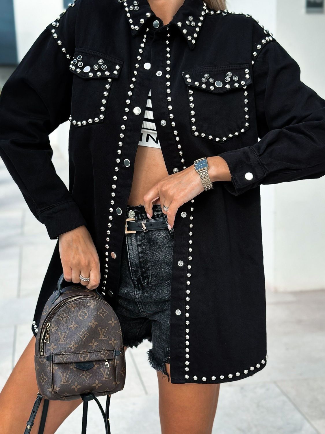 Studded Snap Down Long Sleeve Denim Shacket - Charming Charlie
