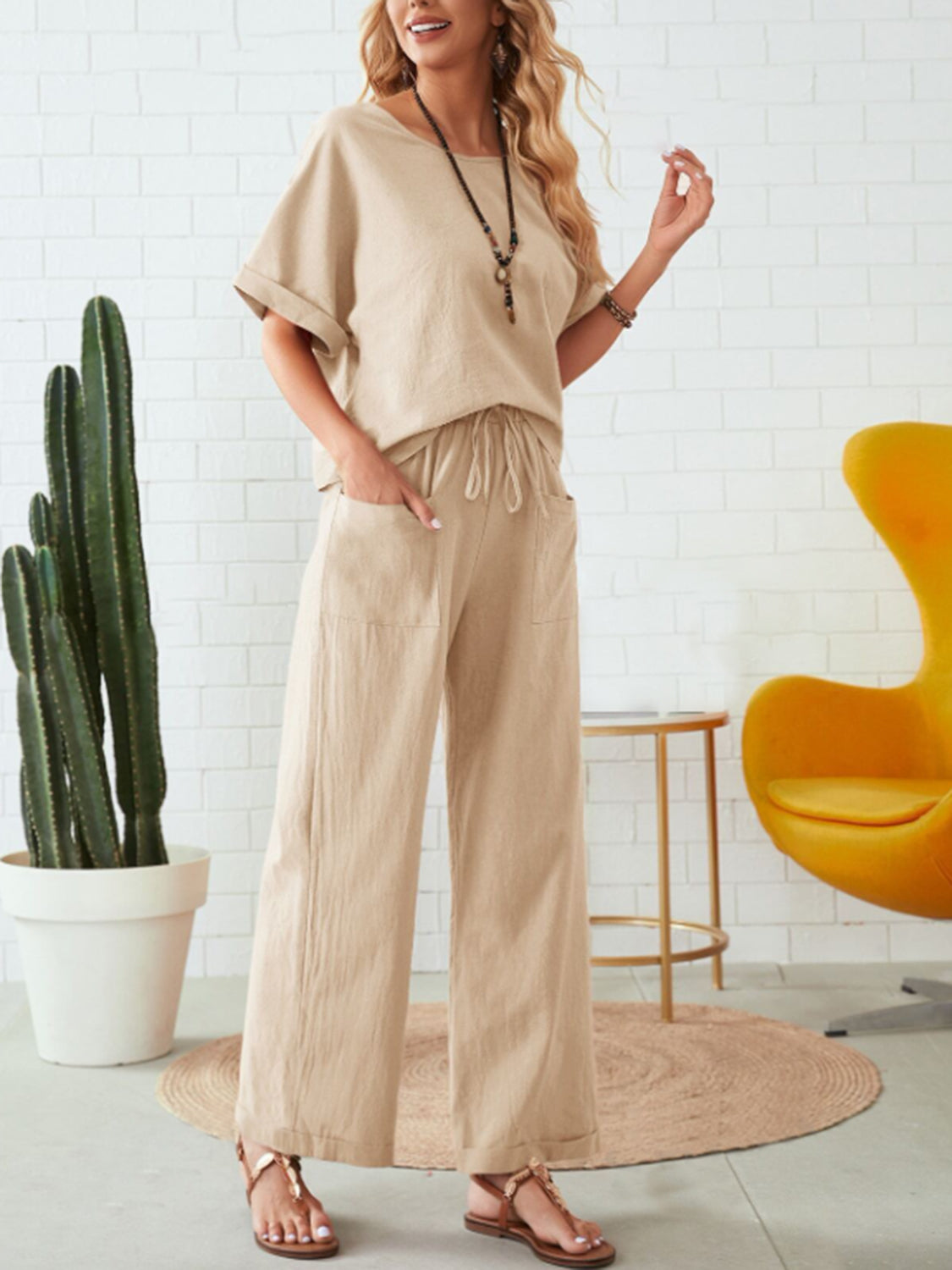 Round Neck Half Sleeve Top and Pocketed Pants Set - Charming Charlie