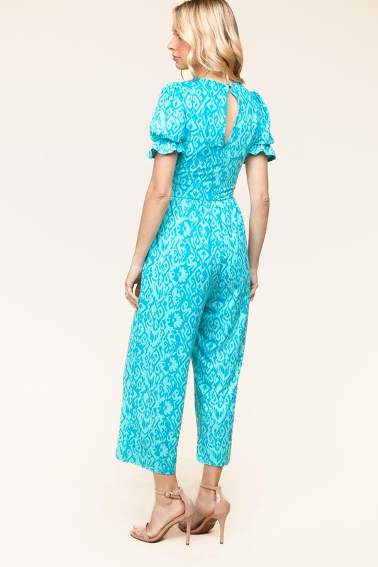 PLUS Spring Vibes Aqua Ikat Print Ruffle Sleeve Wide Leg Jumpsuit - Charming Charlie
