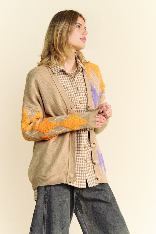 Davi & Dani Argyle V-Neck Dropped Shoulder Cardigan - Charming Charlie