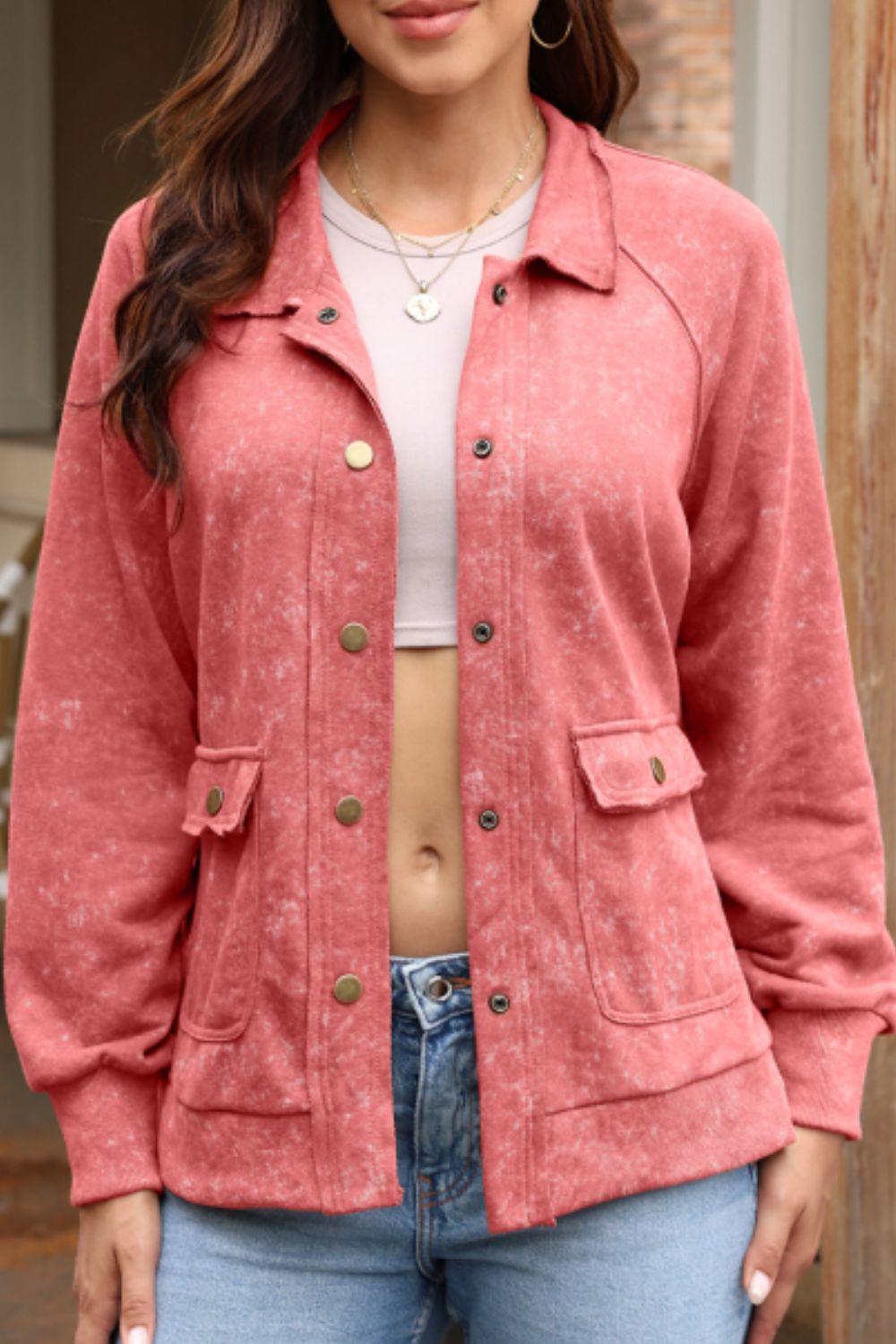 Snap Down Flap Pocket Long Sleeve Shacket - Charming Charlie