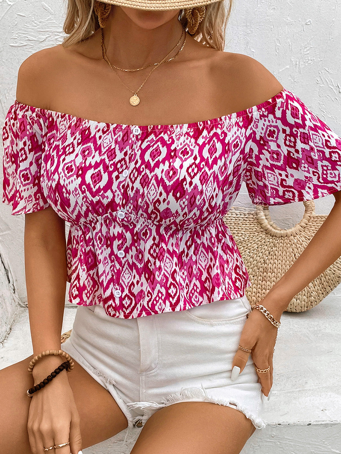 Peplum Printed Off-Shoulder Short Sleeve Blouse - Charming Charlie