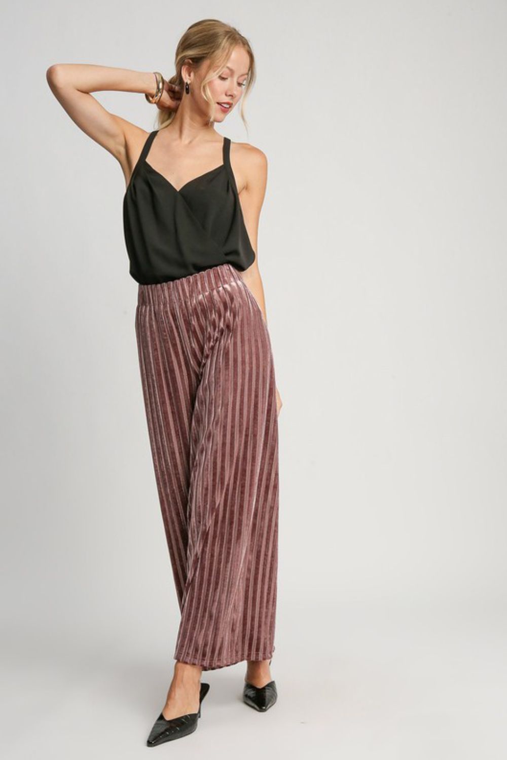 Umgee Full Size Elastic Waist Striped Wide Leg Velvet Pants - Charming Charlie