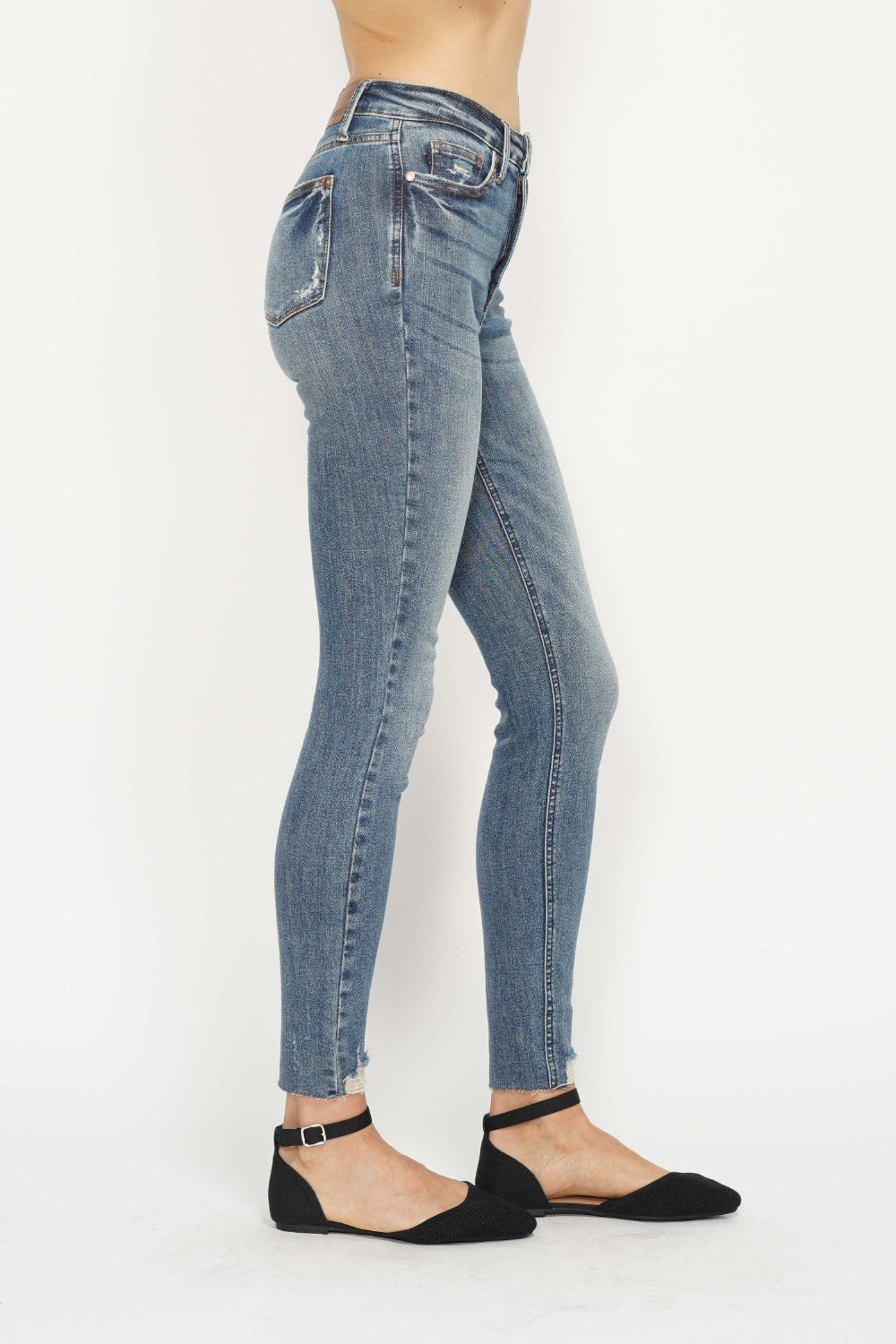 Judy Blue Full Size Tummy Control Vintage Wash Hem Destroy Skinny Jeans - Charming Charlie