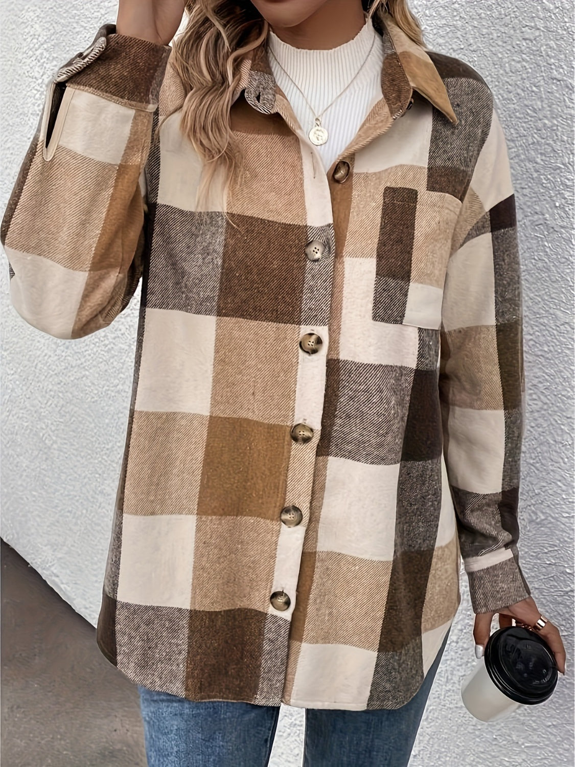 Curved Hem Plaid Collared Neck Shacket - Charming Charlie