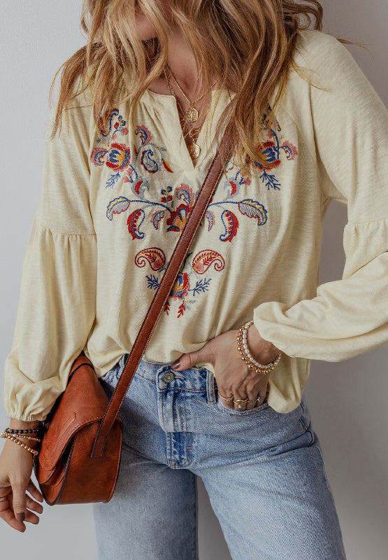 Embroidered Notched Long Sleeve Blouse - Charming Charlie