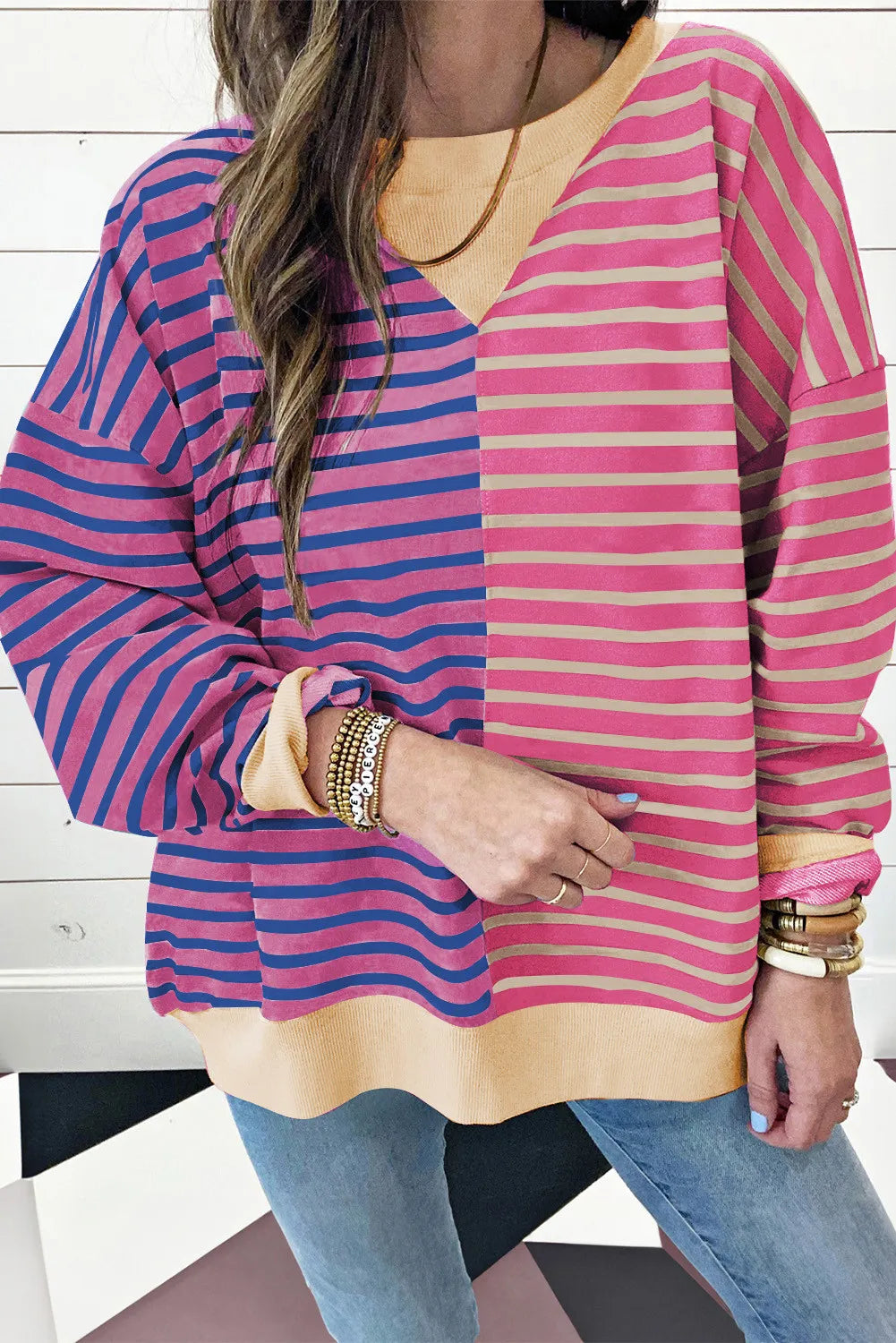 Contrast Stripes Round Neck Long Sleeve Sweatshirt - Charming Charlie