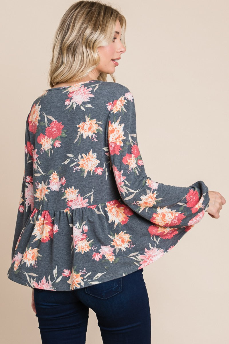Super Lady Full Size Babydoll Floral Long Sleeve Blouse - Charming Charlie