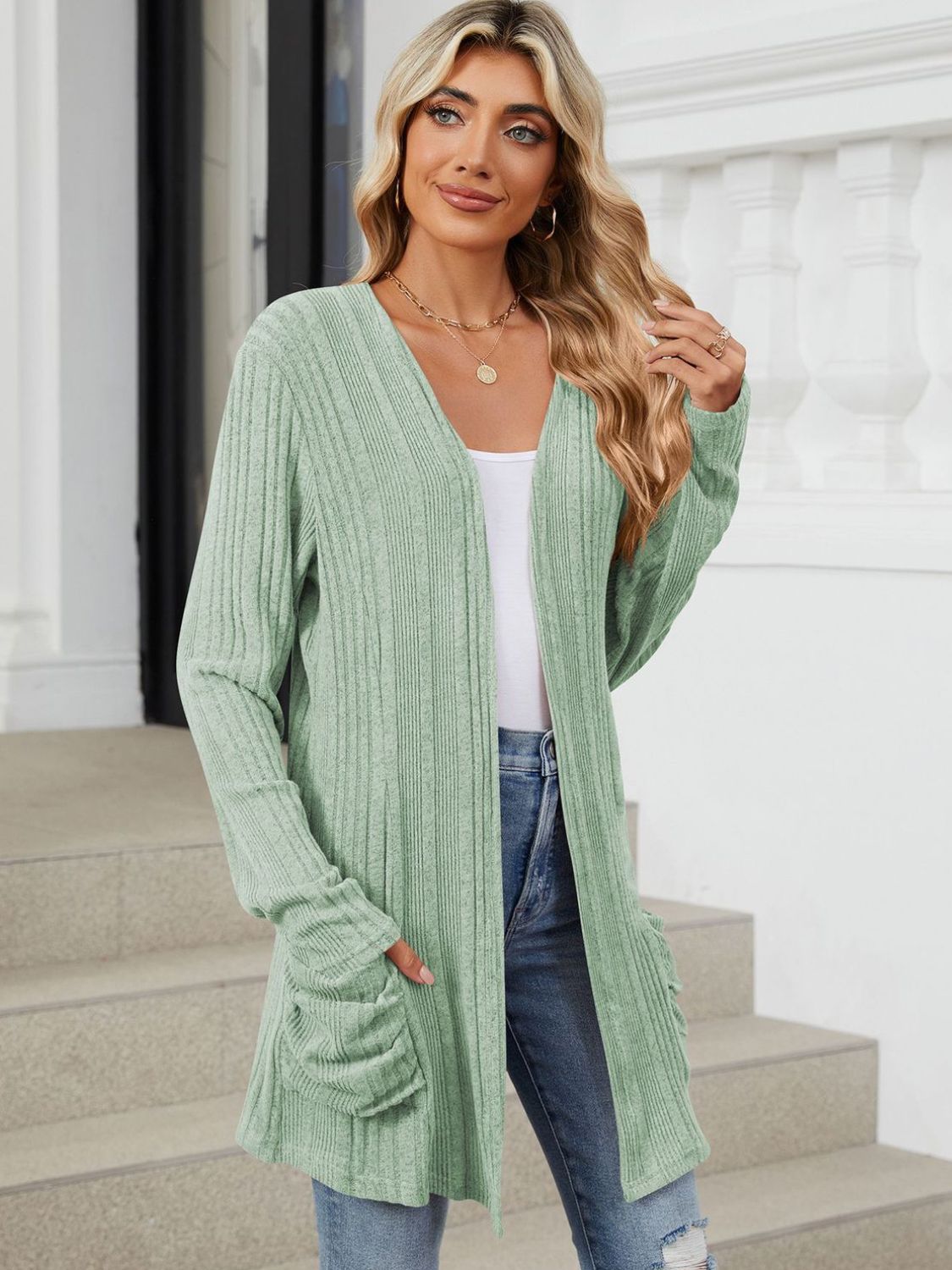 Pocketed Open Front Long Sleeve Cardigan - Charming Charlie