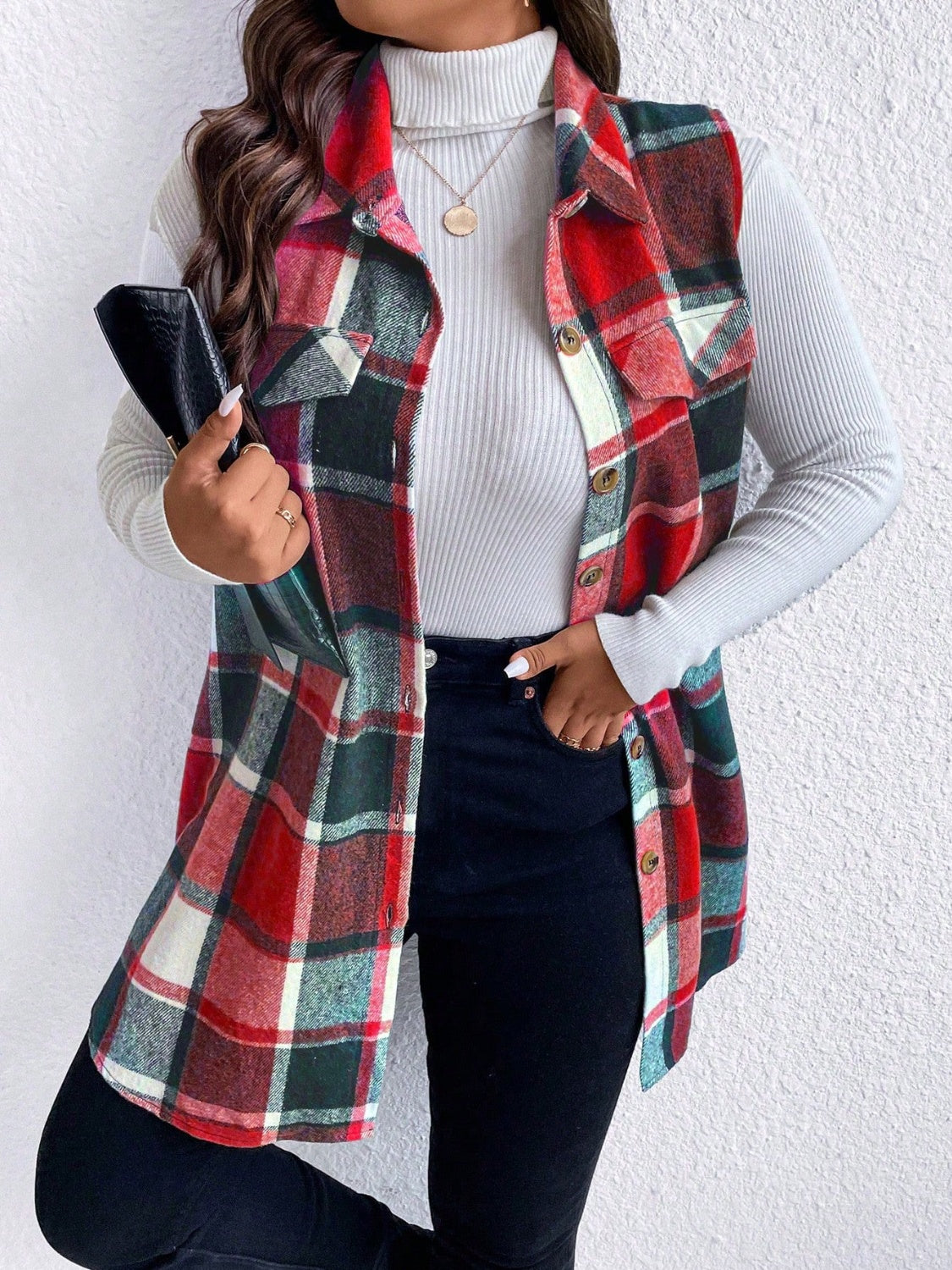 Honey Plus Size Pocketed Plaid Button Up Vest Coat - Charming Charlie