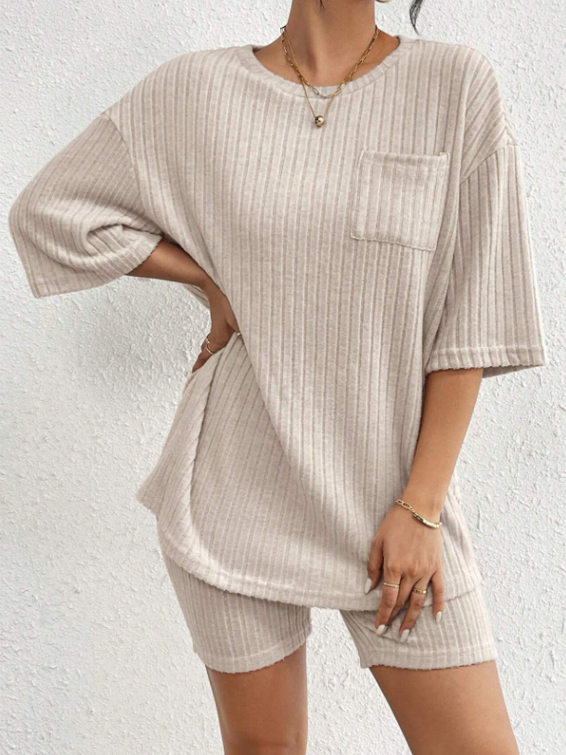 Ribbed Round Neck Top and Shorts Set - Charming Charlie