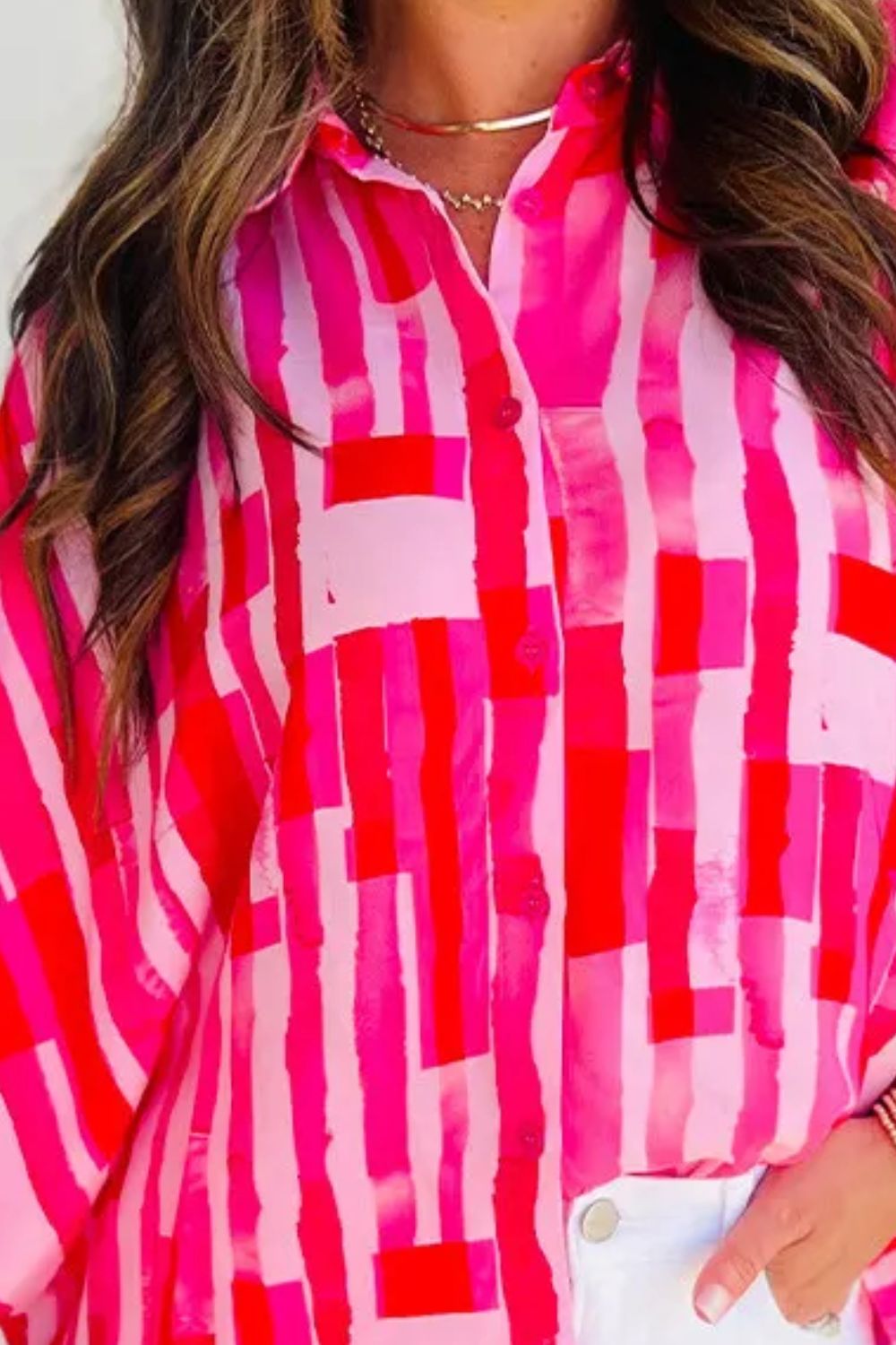 Color Block Collared Neck Long Sleeve Shirt - Charming Charlie