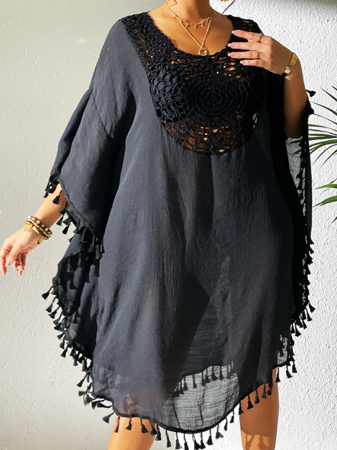 Tassel Cutout Scoop Neck Cover-Up Dress - Charming Charlie