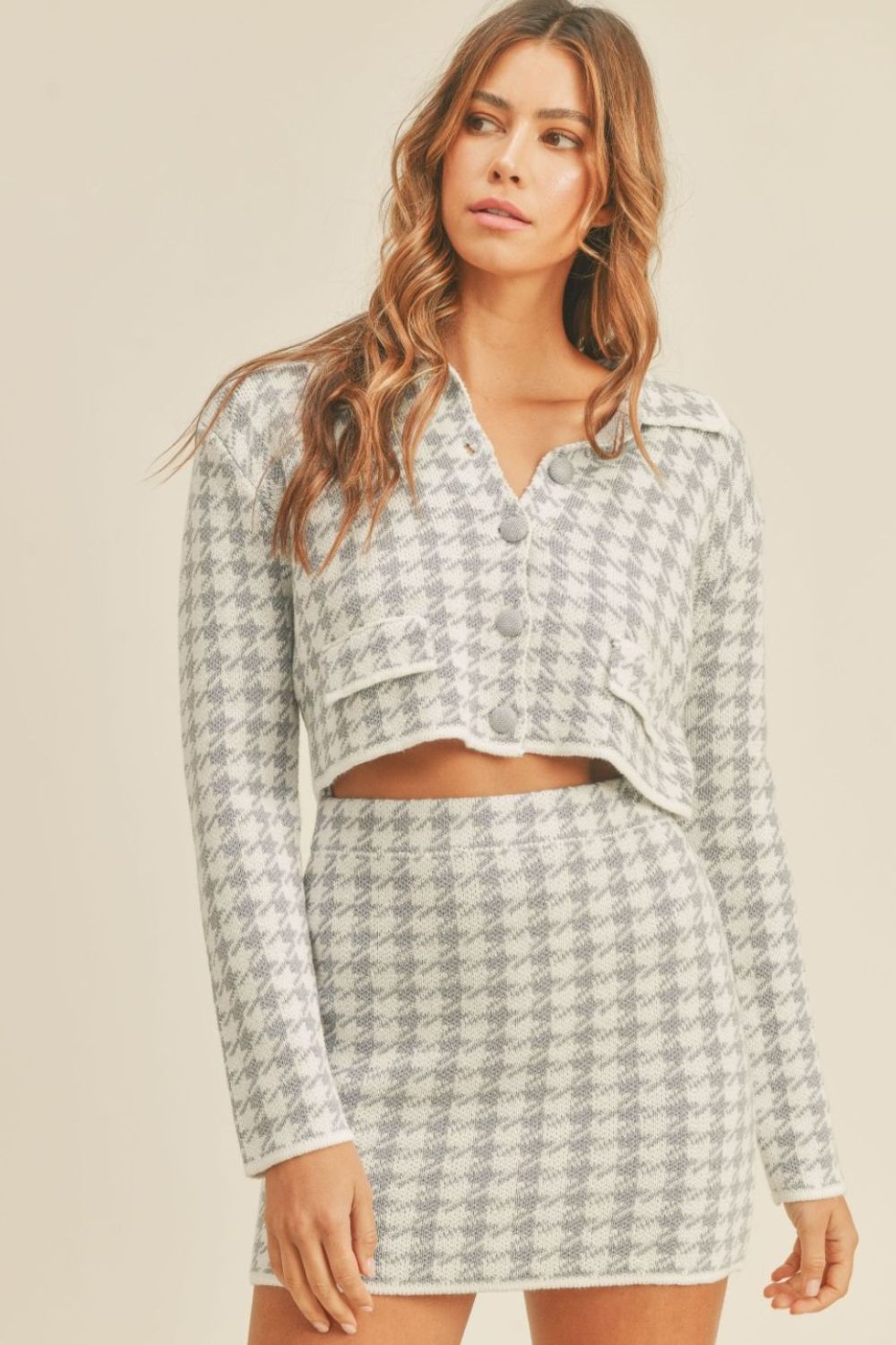 MABLE Houndstooth Cropped Knit Cardigan and Mini Skirt Set - Charming Charlie