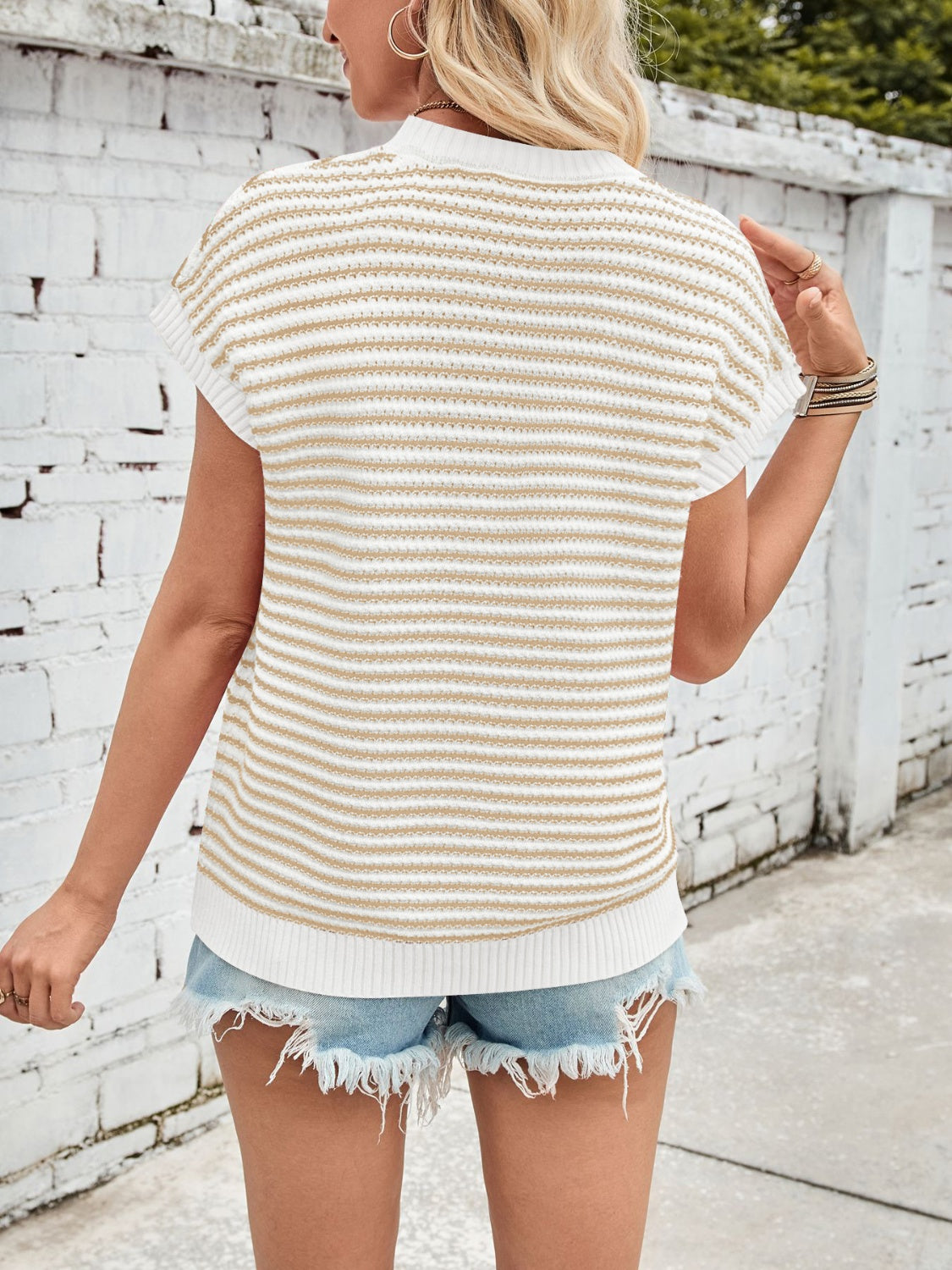Lovelet Striped Round Neck Cap Sleeve Sweater - Charming Charlie