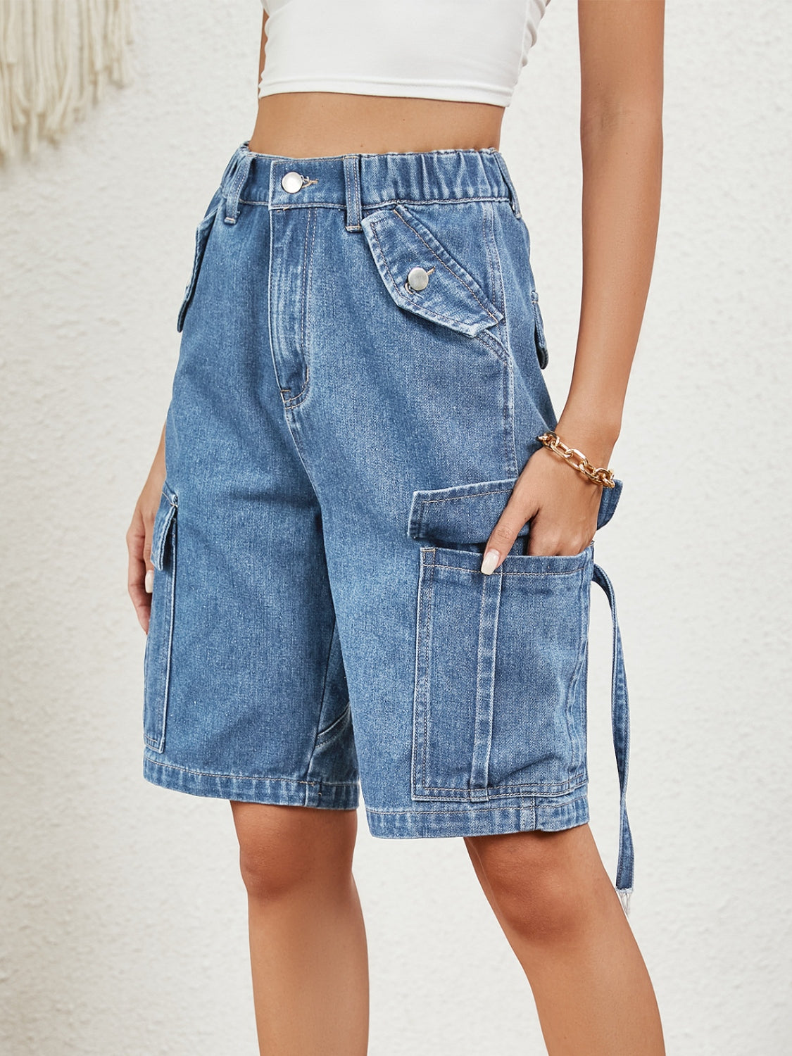 Buttoned Elastic Waist Denim Shorts with Pockets - Charming Charlie
