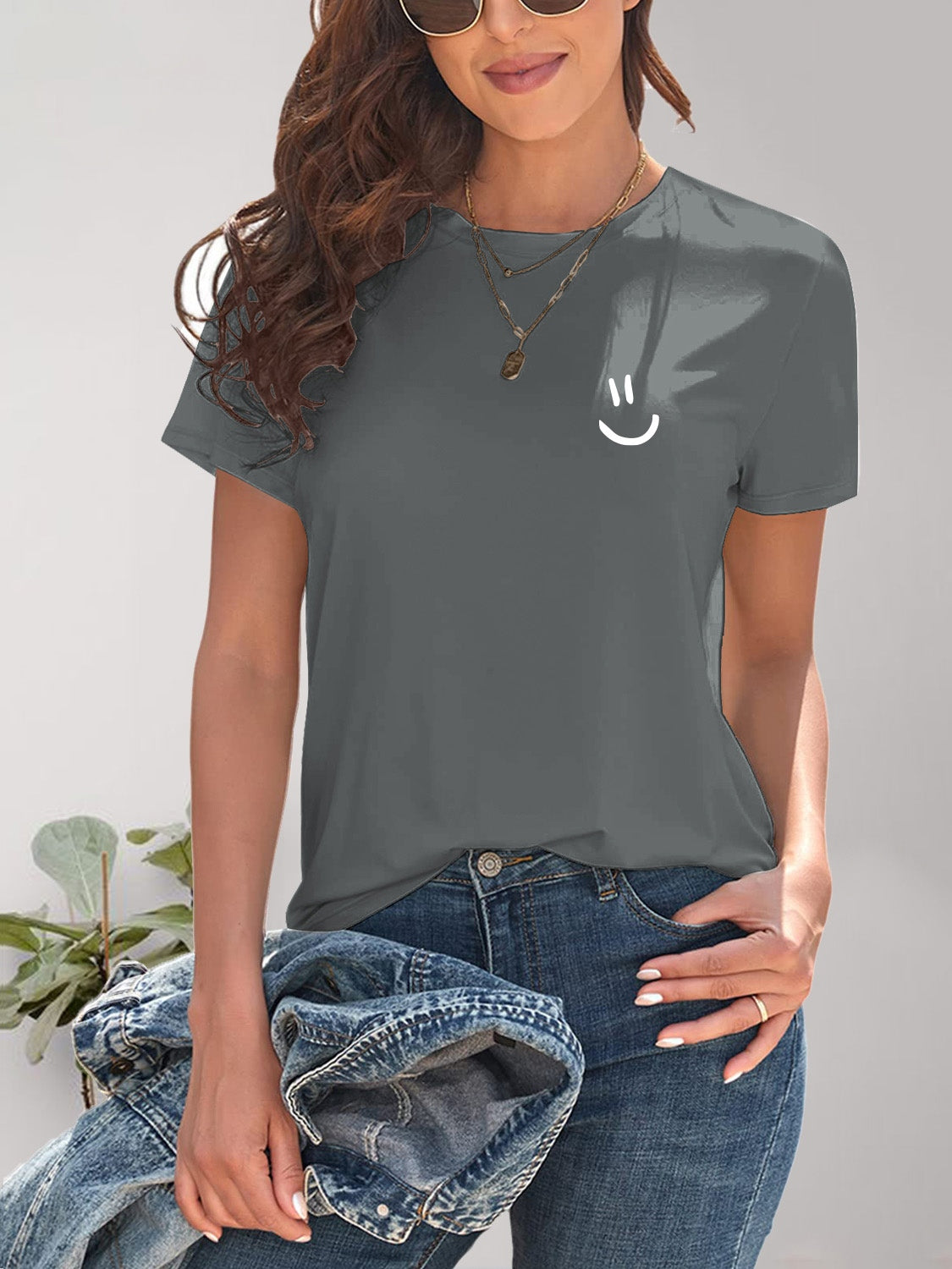 Smile Graphic Round Neck Short Sleeve T-Shirt - Charming Charlie