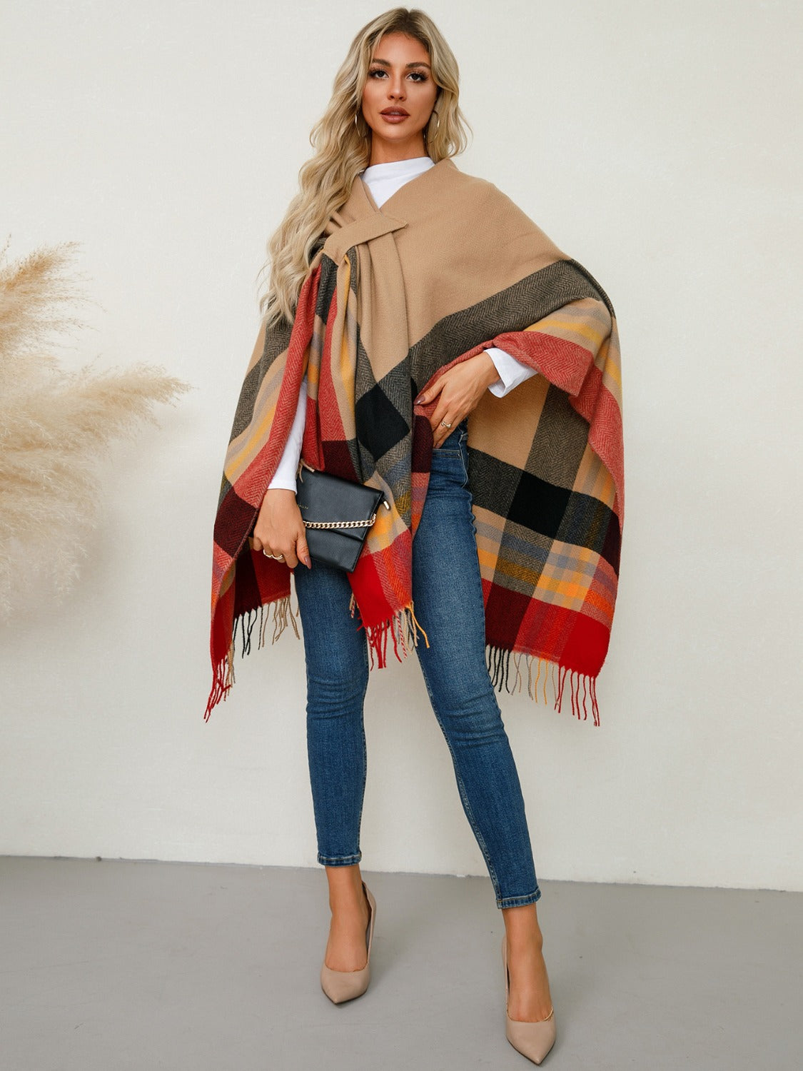 Fringe Contrast Plaid Poncho - Charming Charlie