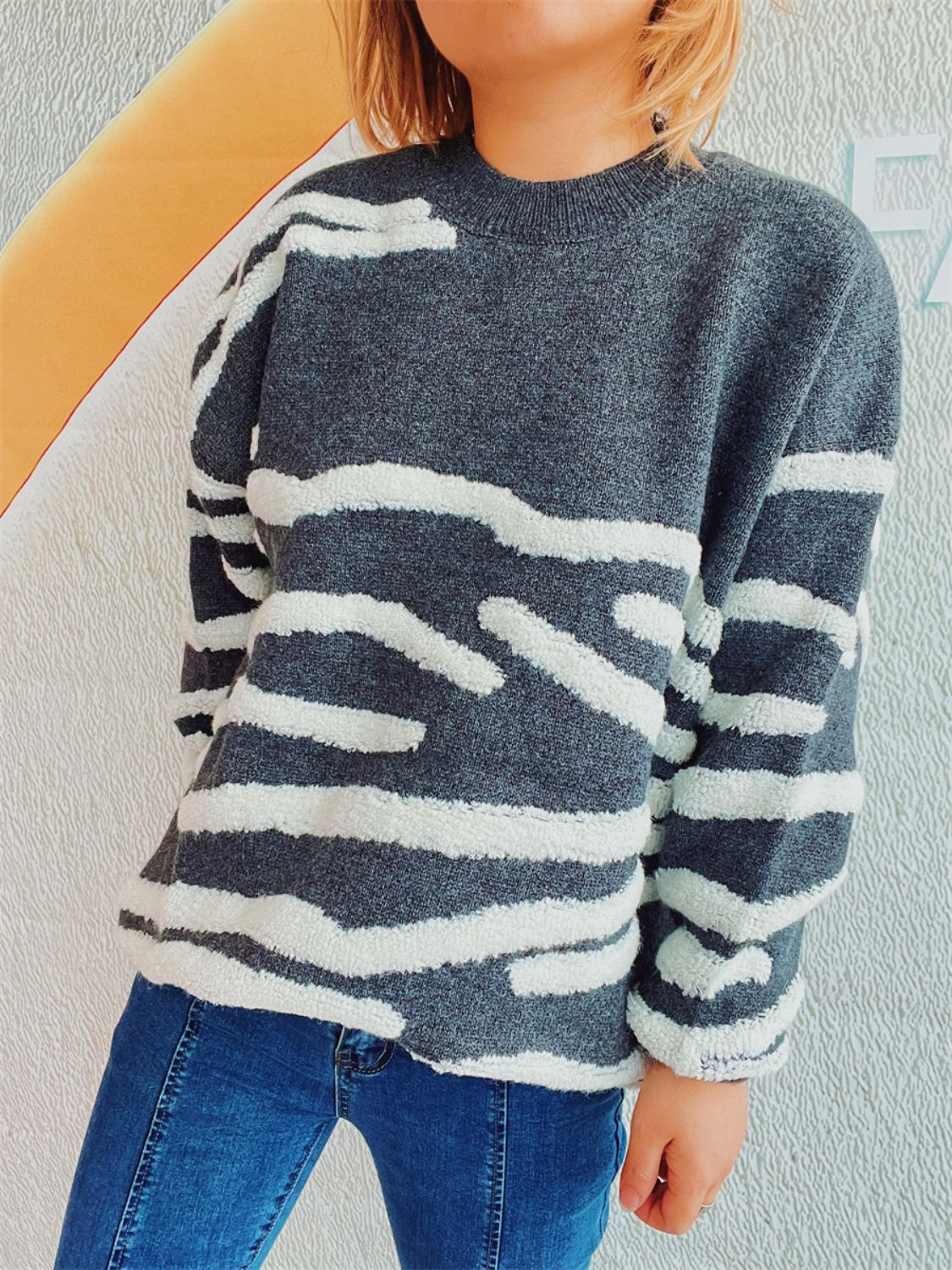 Contrast Round Neck Long Sleeve Sweater - Charming Charlie