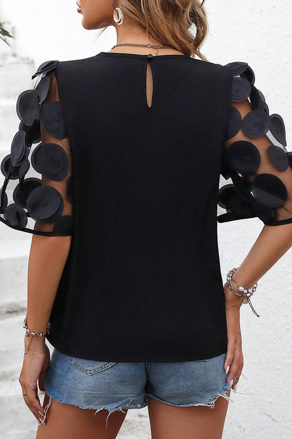 Applique Round Neck Half Sleeve Blouse - Charming Charlie