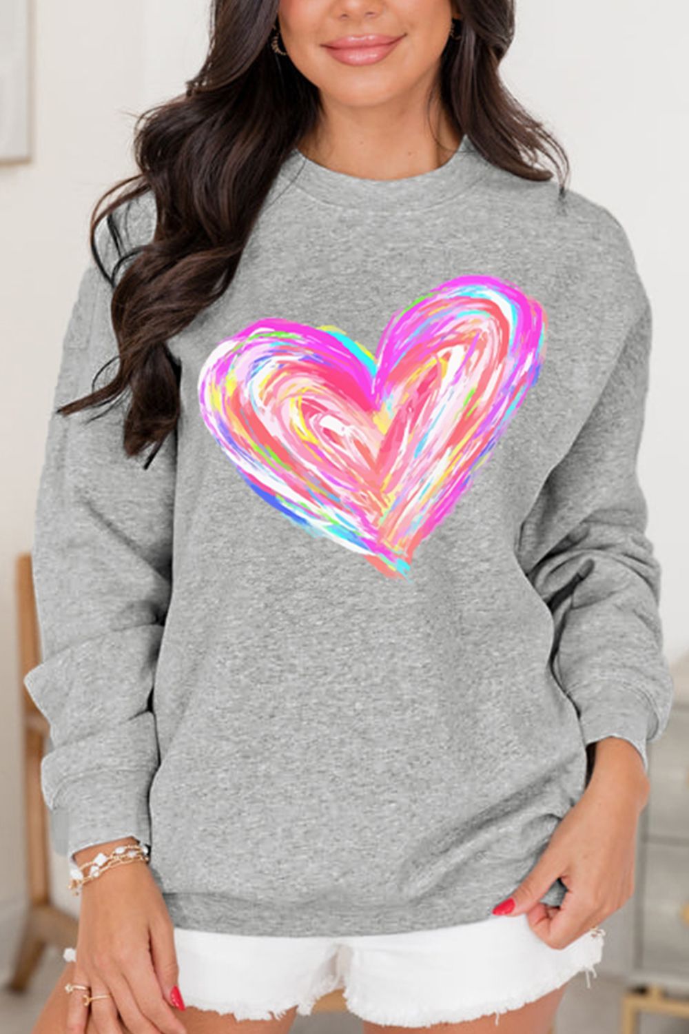 Valentine’s Day Heart Round Neck Drop Shoulder Sweatshirt - Charming Charlie