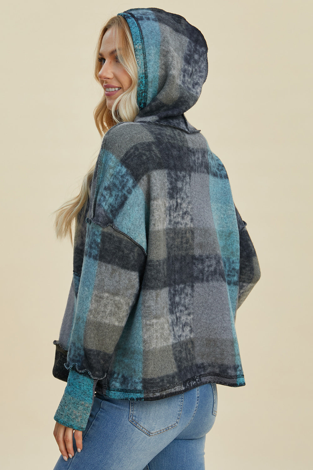 Double Take Full Size Plaid Dropped Shoulder Fleece Hoodie - Charming Charlie