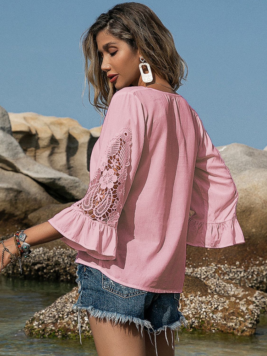 V-Neck Lace Flounce Sleeve Blouse - Charming Charlie