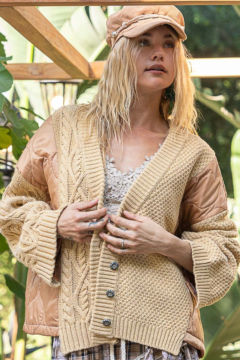 POL Quilting Patch Button Up Cable Knit Jacket - Charming Charlie