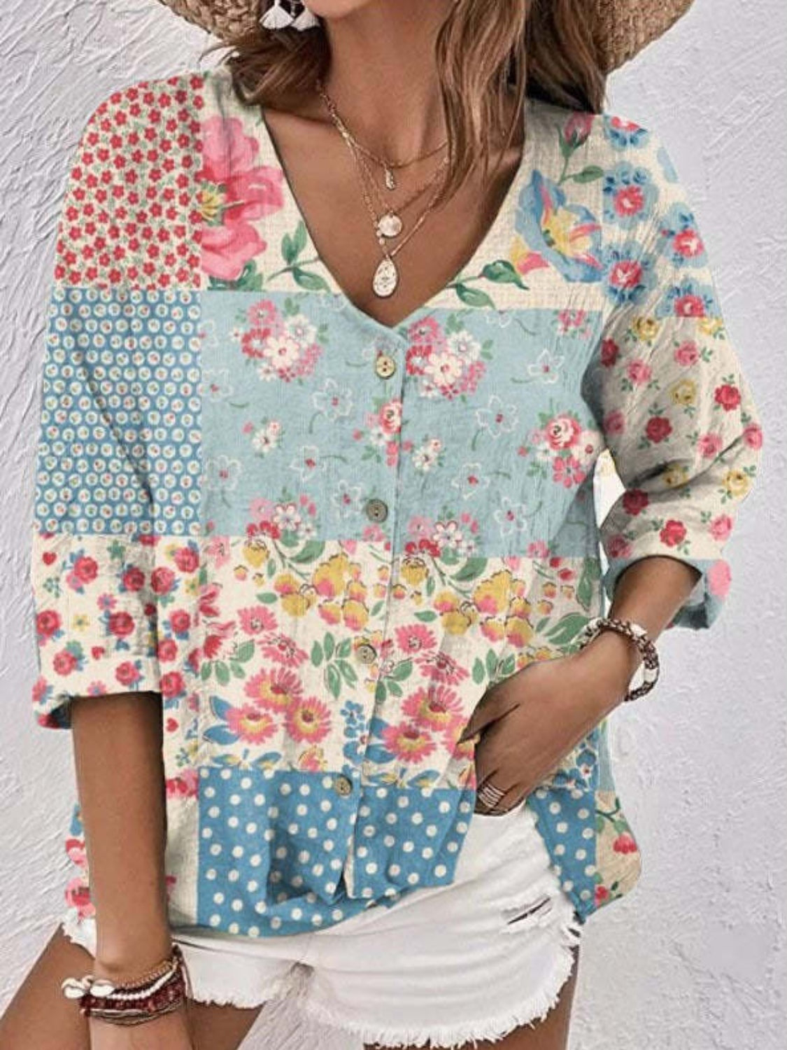 Full Size Printed V-Neck Blouse - Charming Charlie