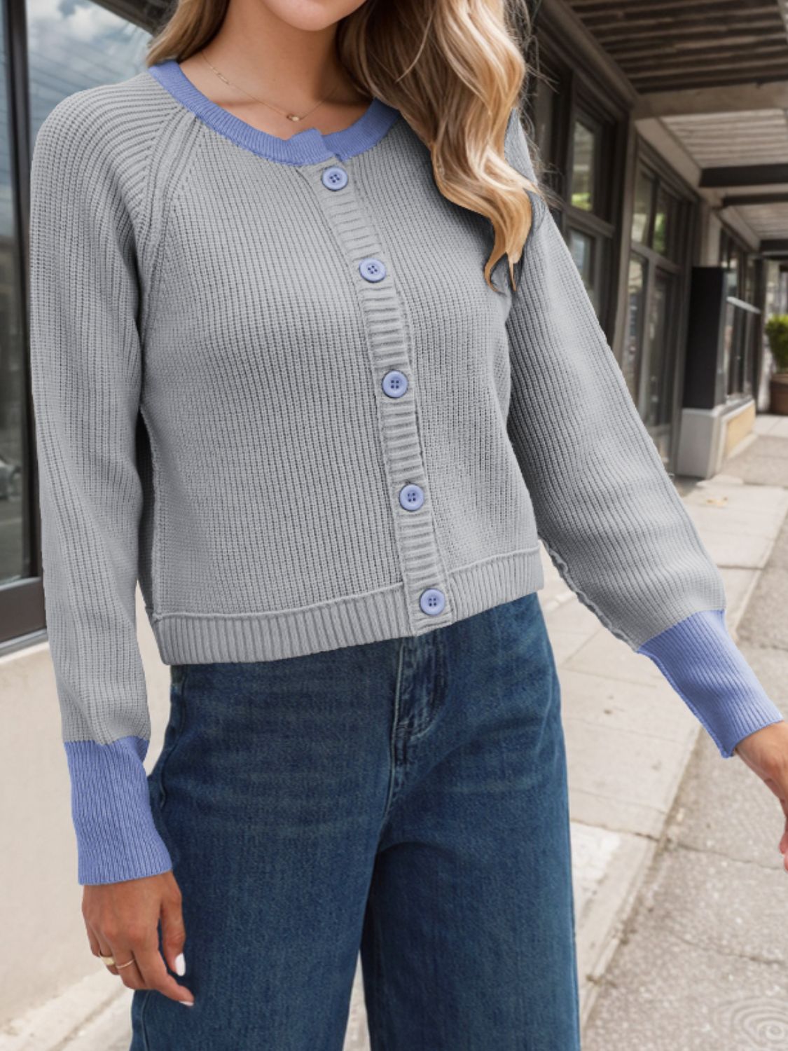 Contrast Button Up Long Sleeve Cardigan - Charming Charlie