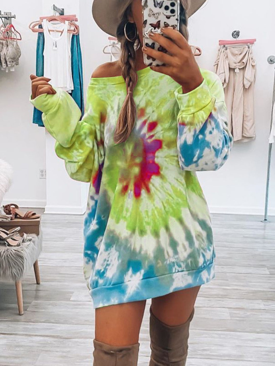 Full Size Tie-Dye Round Neck Long Sleeve Dress - Charming Charlie