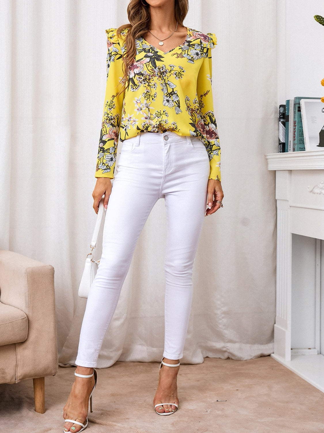 Ruffled Printed V-Neck Long Sleeve Blouse - Charming Charlie