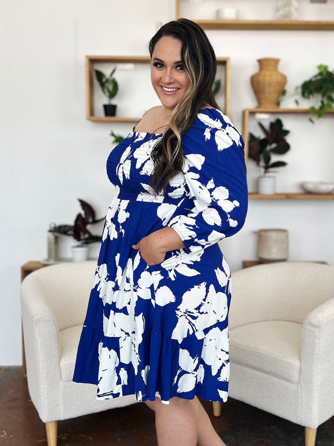 Double Take Full Size Floral Ruffle Hem Smocked Dress with Pockets - Charming Charlie