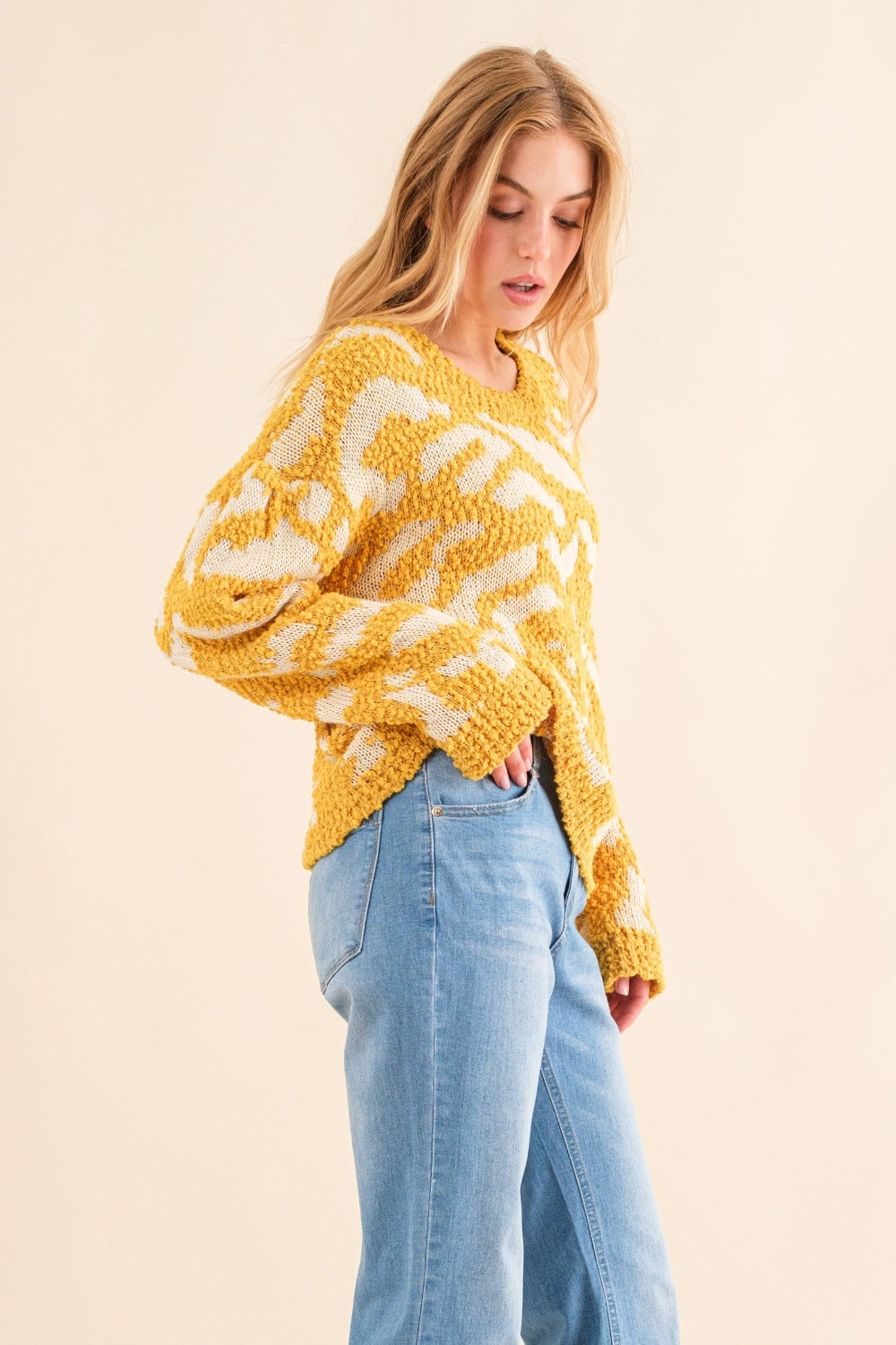 And The Why Full Size Textured Pattern Contrast Sweater - Charming Charlie
