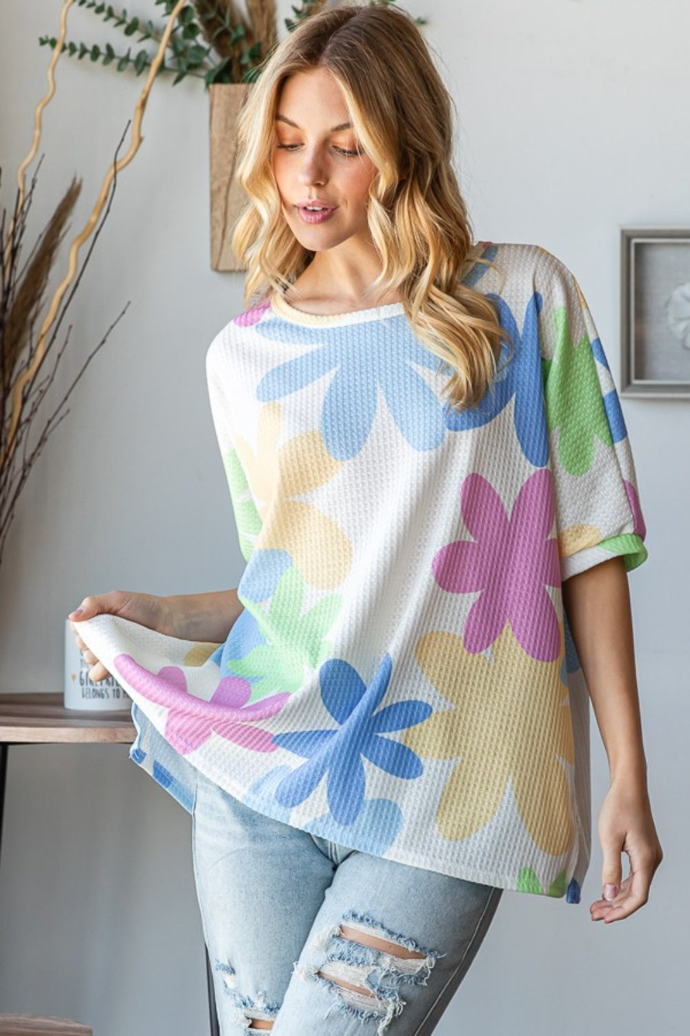 HOPELY Floral Round Neck Waffle T-Shirt - Charming Charlie