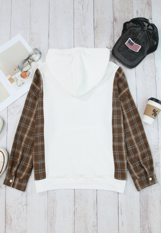 Waffle Knit Plaid Long Sleeve Kangaroo Pocket Hoodie - Charming Charlie