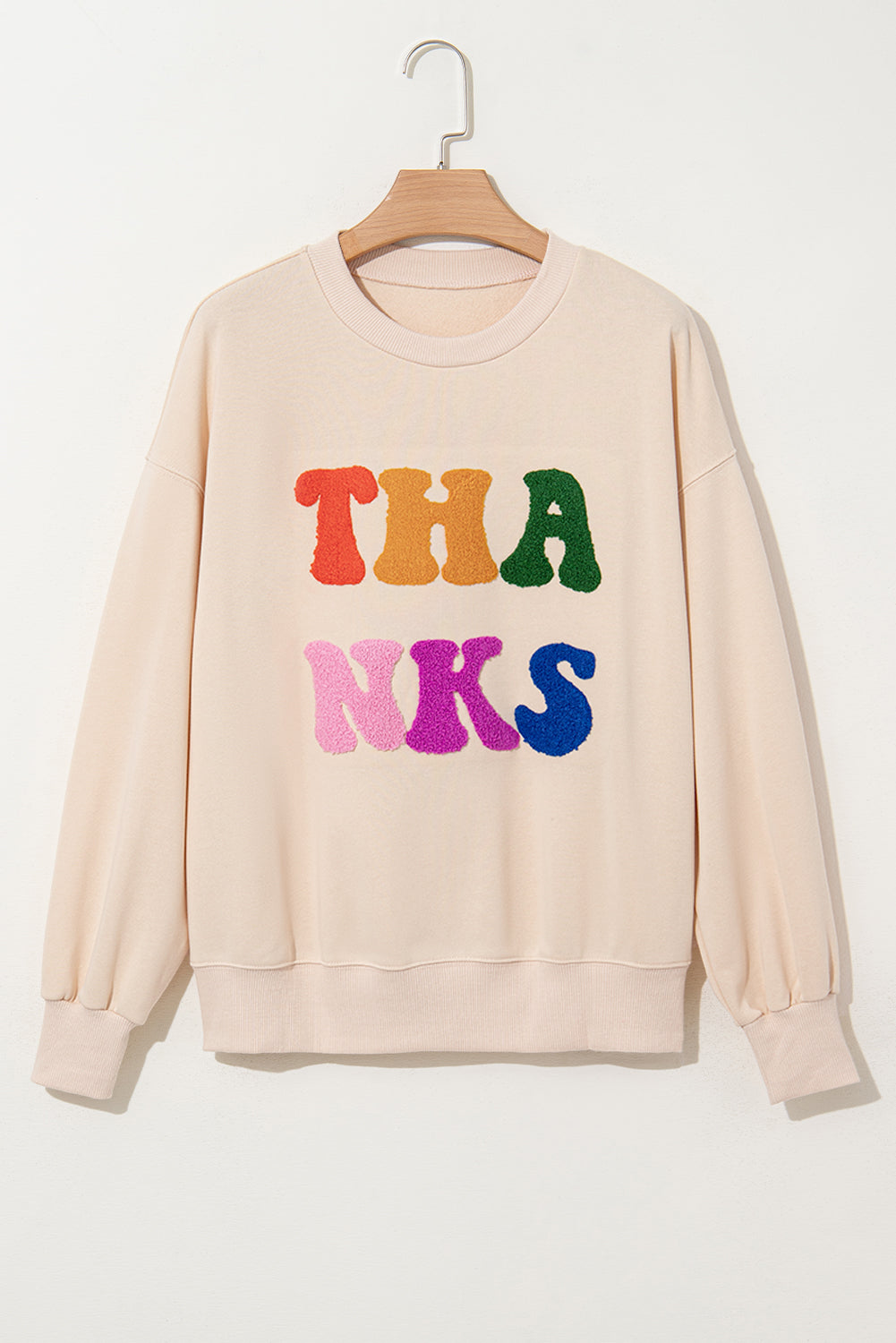 THANKS Round Neck Long Sleeve Sweatshirt - Charming Charlie