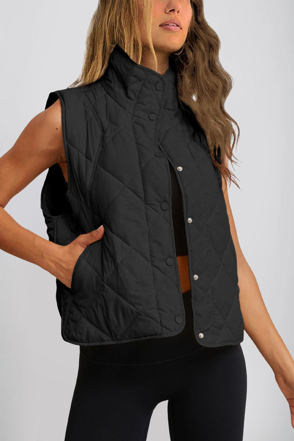 Snap Down Texture Vest Coat with Pockets - Charming Charlie