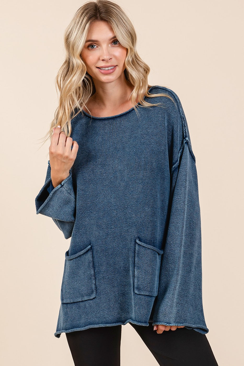 Mittoshop Mineral Wash Patch Pocket Cut Edge Sweater - Charming Charlie