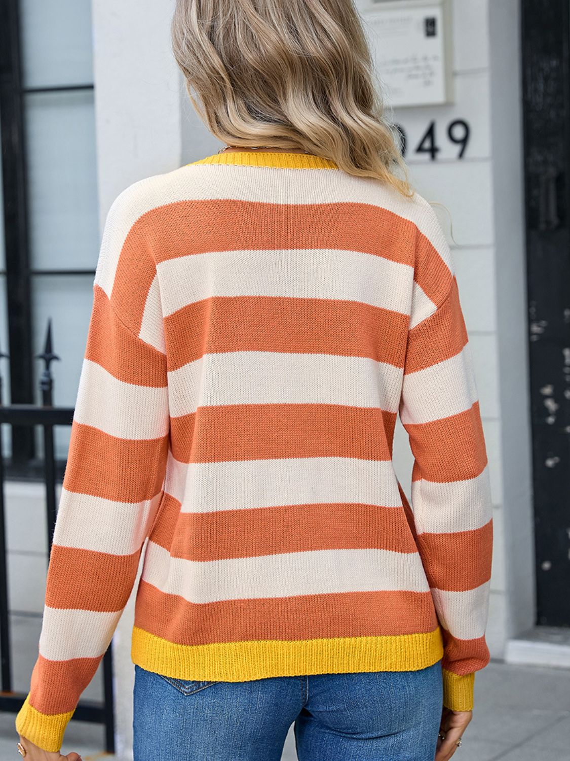 Striped Round Neck Dropped Shoulder Sweater - Charming Charlie