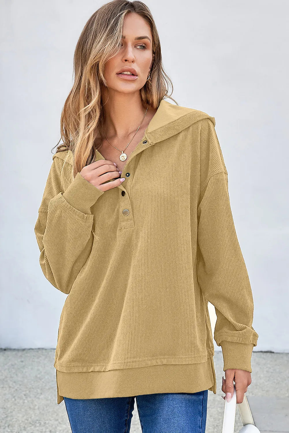 Half Snap Long Sleeve Dropped Shoulder Hoodie - Charming Charlie