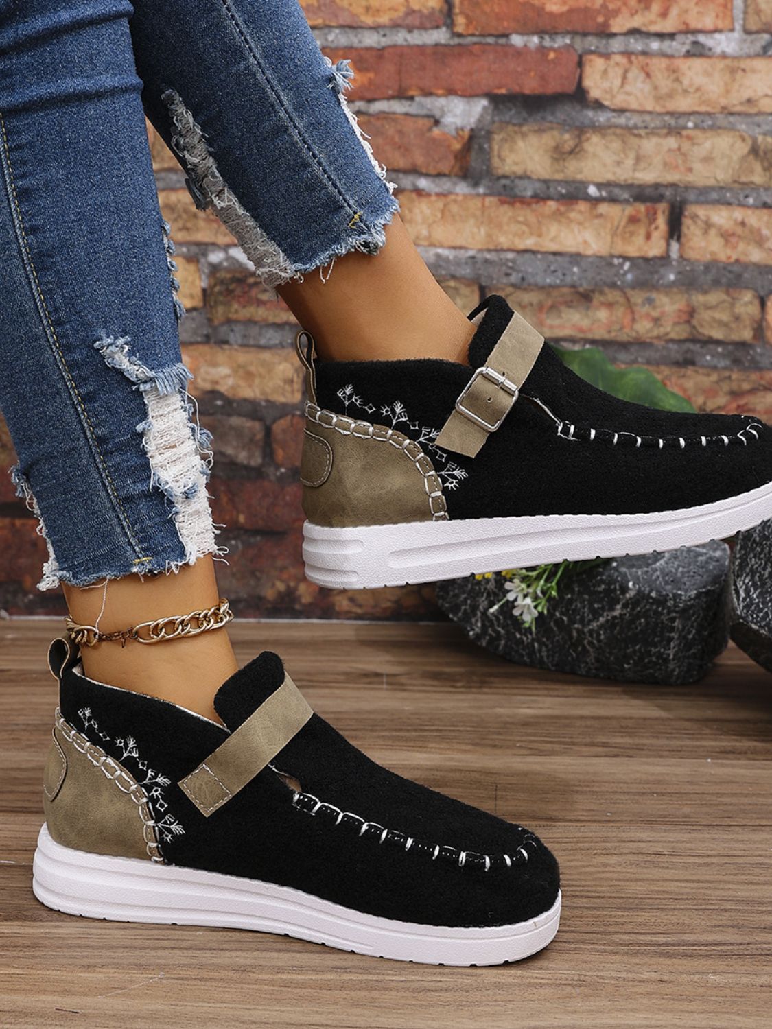 Contrast Round Toe Buckle Sneakers - Charming Charlie