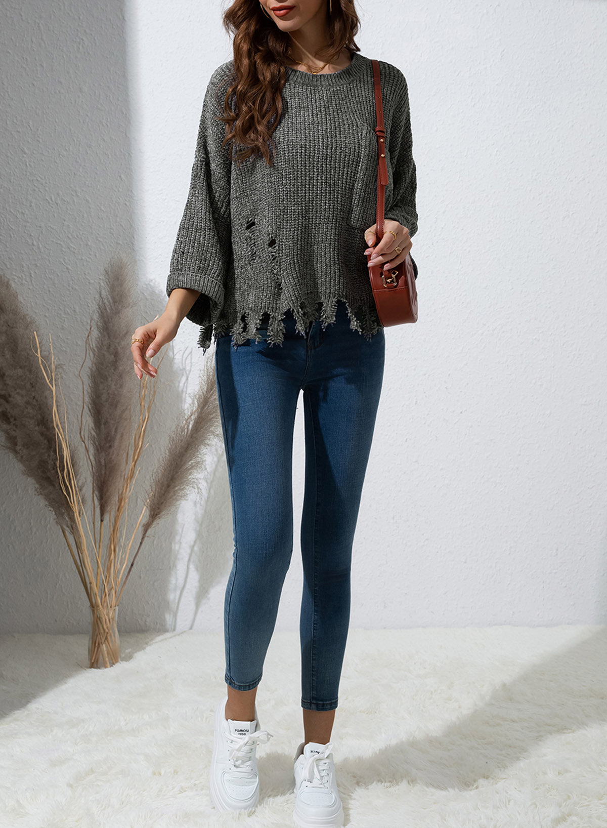 Distressed Round Neck Drop Shoulder Sweater - Charming Charlie