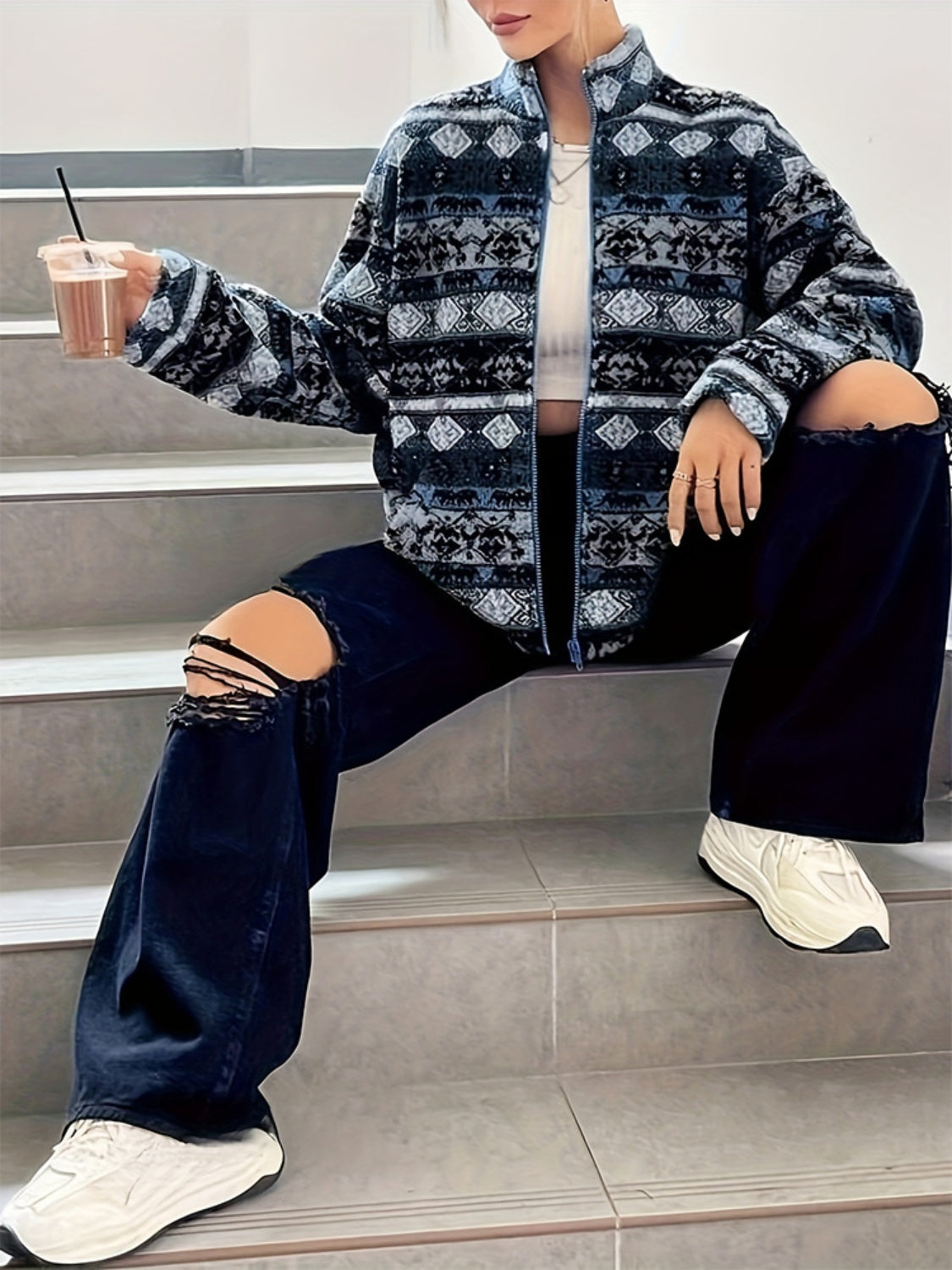 Geometric Turtleneck Zip Up Jacket - Charming Charlie