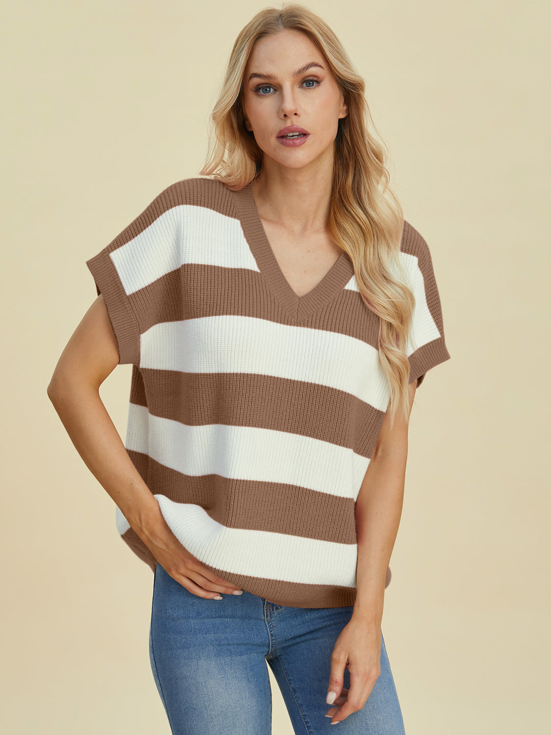 Double Take Full Size Striped V-Neck Short Sleeve Sweater - Charming Charlie