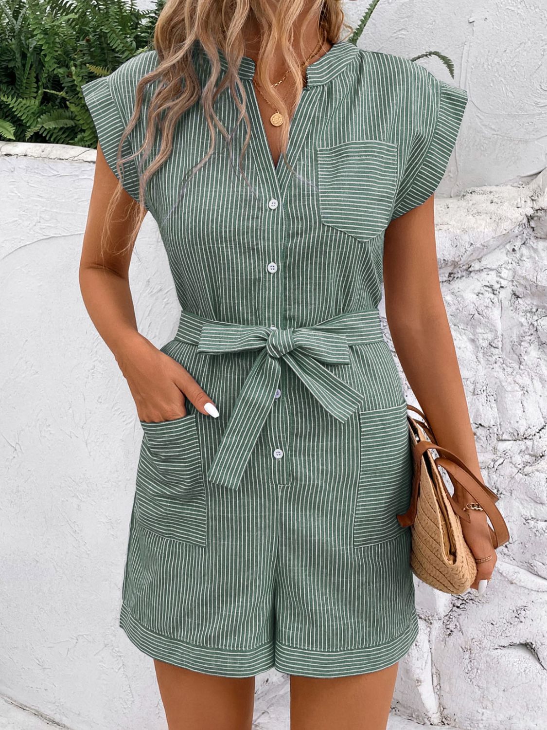 Striped Notched Tie Waist Romper - Charming Charlie