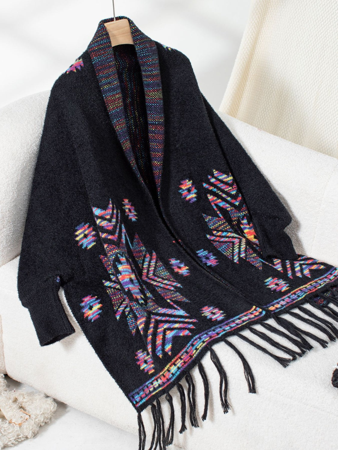 Fringe Geometric Open Front Long Sleeve Cape - Charming Charlie